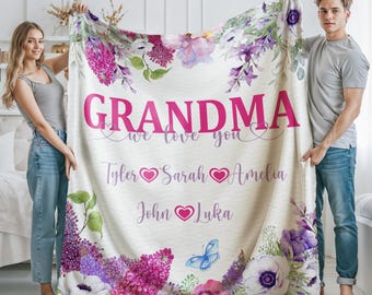 Custom Blanket for Grandma, Personalized Grandmother Blanket, Gift for Nana, We Love You Grandma Blanket With Grandkids, Grandma Flowers