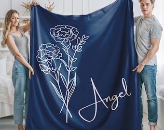 Custom Blanket with Name and Birth Month Flowers, Personalized Name Blanket, Floral Soft Minky Throw, Custom Blanket Gifts for Mom, Grandpa