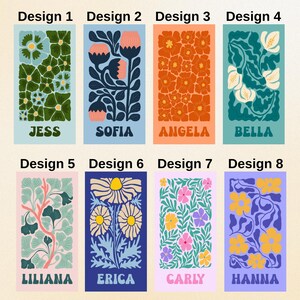May include: Eight different designs for personalized phone cases with floral patterns and names. The designs feature various flowers, leaves, and colors, including green, blue, orange, pink, and yellow. The names Jess, Sofia, Angela, Bella, Liliana, Erica, Carly, and Hanna are printed on the cases.