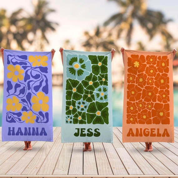 Retro Flower Custom Beach Towel, Groovy Vibes Beach Towel, Retro Floral Towel, Personalized Pool Towel, Multi Style, Bachelorette Party