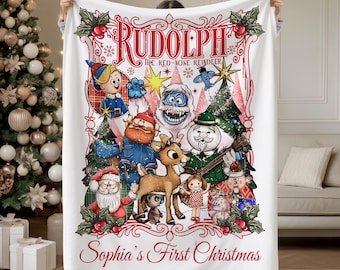 Personalized Rudolph Reindeer Blanket, Classic Christmas Movie Throw, Custom Family Name Holiday Blanket, Vintage Christmas Gift