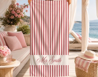 Personalized Striped Beach Towel, Custom Name Pool Towel, Monogrammed Wedding Gift, Bachelorette Party Striped Towel,