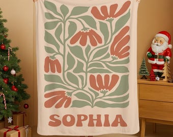 Manta con nombre personalizado y flores retro, estilo bohemio, con un toque moderno, regalo vintage personalizado, varios estilos, manta infantil, Navidad.