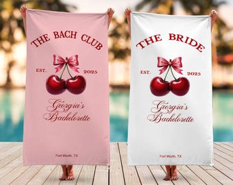 Toalla de playa personalizada con cerezas para despedida de soltera, toalla de piscina con nombre personalizado para despedida de soltera, regalo para despedida de soltera, novia, regalo para despedida de soltera
