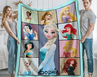 Personalized All Characters Disney Princess Blanket, Custom Name Princess Birthday Girl Gift, WDW Disneyland Baby Girl Throw, Christmas Gift
