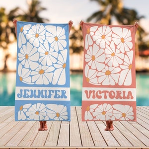Retro Flowers Custom Beach Towels, Floral Daisy Pool Towel, Personalized Kids Towel, Bachelorette Party, Girls Trip, Birthday Vacation Gift