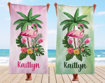 Custom Pink Flamingo Beach Towels, Tropikal Beach Towel, Floaral Flamingo Pool Towel, Kids Towel, Vacation Birthday Gift, Honeymoon Towel