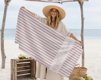 Custom Striped Beach Towel, Personalized Name Pool Towel, Monogrammed Wedding Gift, Bachelorette Party Striped Towel,