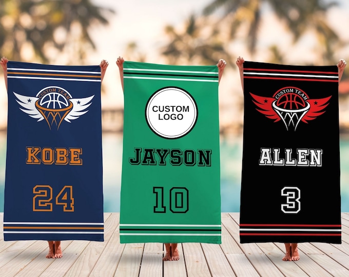 Personalized Basketball Beach Towel With Team Logo, Custom Basketball Team Pool Towel, Basketball Gifts For Boys, Basketball Player Gift