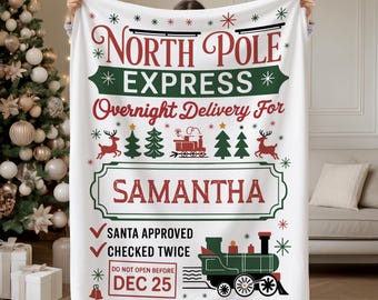 Personalized North Pole Express Blanket – Santa Approved Christmas Gift for Kids, Custom Name Xmas Throw, Holiday Delivery Blanket