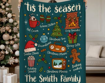 Personalized Christmas Family Name Blanket, Custom Retro Tis the Season Throw, Holiday Name Gift, Christmas Vintage Throw