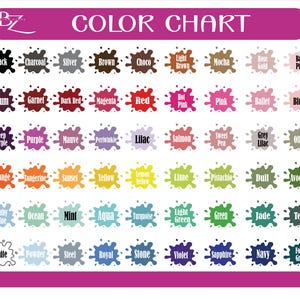 May include: A color chart with a pink header displays a variety of paint colors. Each color is presented as a splash with the color name below. Colors include black, red, blue, green, and many more.