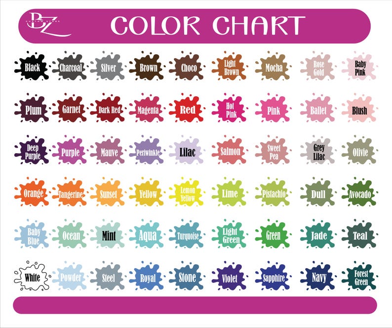 May include: A color chart with a pink header displays a variety of paint colors. Each color is presented as a splash with the color name below. Colors include black, red, blue, green, and many more.