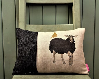 Sheep and Crow Cushion - Sheep and bird Cushion - Countryside decor - Rustic linen cushions - Country tweed cushion - Black sheep cushion