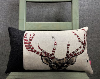 Stag Cushion - Stag and antlers cushion - Stripey antlers cushion- Linen Tweed stag cushion - Hunting and shooting decor - Country gifts -