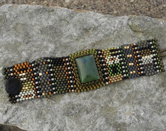 Jewelry - Free Form Peyote Stitch Beaded Bracelet Cuff with Jade Cabochon - Bead Weaving  -  BOHO