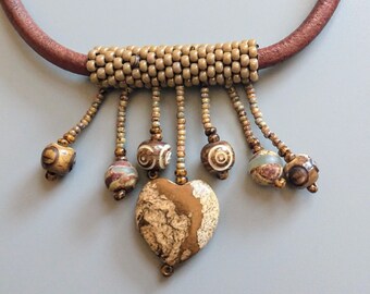 Tube Bead with Picture Jasper & Bone Bead Dangles Statement Necklace - Free Form Peyote Stitch Bead Weaving - Leather Cord