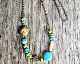 Green Turquoise - Howlite -  Brass -  Pewter Chain Necklace