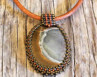 Polygram Jasper Cabochon with Beaded Bale Statement Necklace - Form Peyote Stitch Bead Weaving - Leather Cord - BOHO