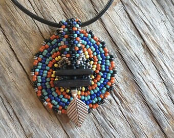 Hand Beaded Medallion with Beaded Bale Statement Necklace - Leather Cord - Free Form Bead Weaving -  Hand Woven