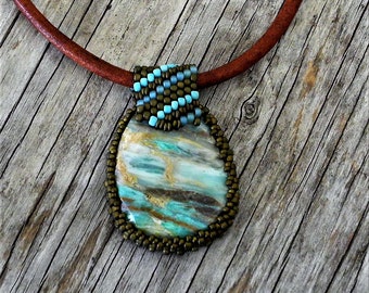 Chrysocolla Cabochon with Beaded Bale Statement Necklace - Form Peyote Stitch Bead Weaving - Leather Cord - Hand Woven