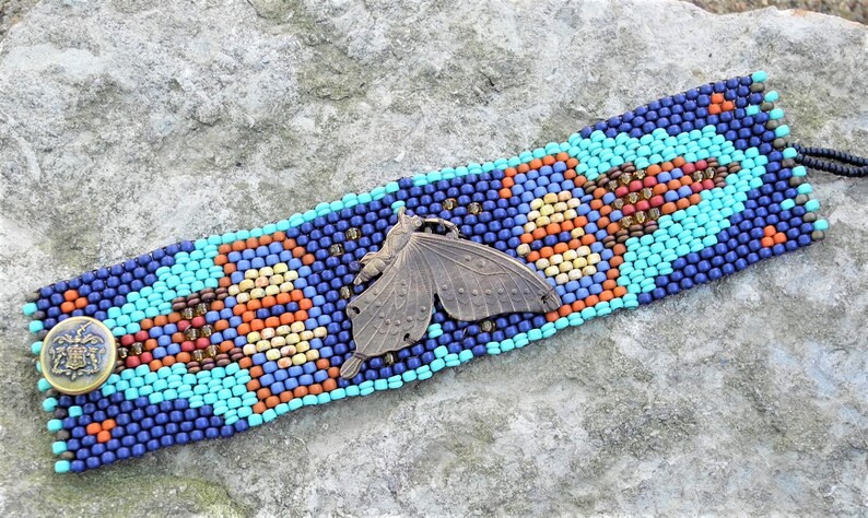 Butterfly Tapestry Bracelet Cuff Free Form Peyote Stitch Bead Weaving BOHO Hand Woven image 7