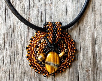 Hand Beaded Medallion with Beaded Bale Statement Necklace - Leather Cord - Tiger Eye Pendant Bead -  Hand Woven