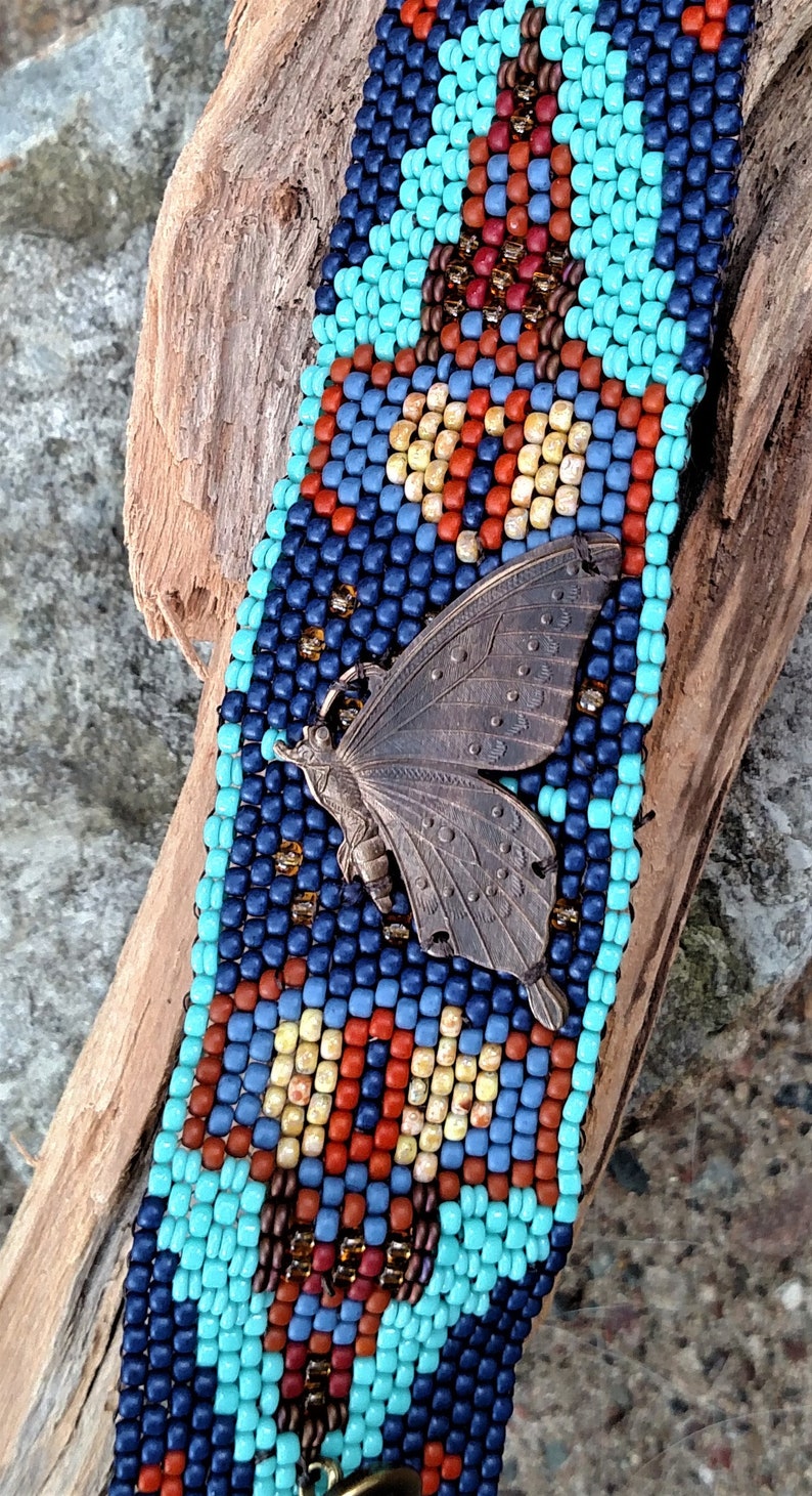 Butterfly Tapestry Bracelet Cuff Free Form Peyote Stitch Bead Weaving BOHO Hand Woven image 9