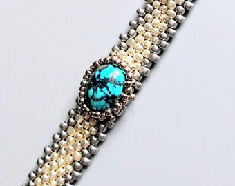 Turquoise Cabochon Bracelet - Non-tarnish Silver Galvanized - Free Form Peyote Stitch Bead Weaving