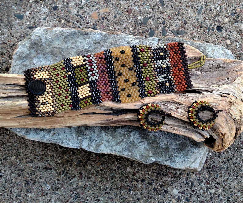 Tapestry Bracelet Cuff with Beaded Earrings Set Free Form Etsy