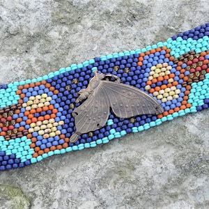 Butterfly Tapestry Bracelet Cuff Free Form Peyote Stitch Bead Weaving BOHO Hand Woven image 1