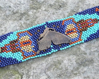 Butterfly Tapestry Bracelet Cuff - Free Form Peyote Stitch Bead Weaving - BOHO - Hand Woven