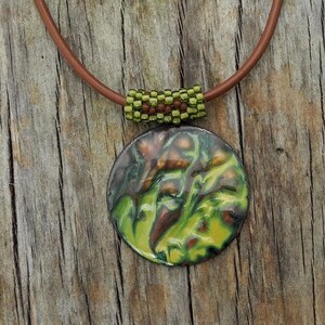 Enamel on Copper Pendant with Beaded Bale - Leather Cord - Free Form Peyote Stitch Bead Weaving - BOHO
