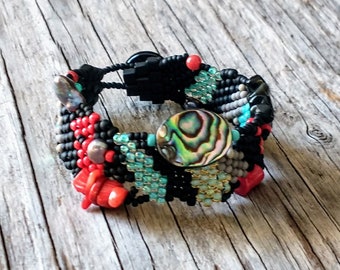 Paua Abalone Sea Shell - Red Coral Bracelet -   Free Form Peyote Stitch Bead Weaving - Hand Woven