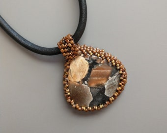 Tabu Jasper Cabochon with Beaded Bale Statement Necklace - Form Peyote Stitch Bead Weaving - Leather Cord - BOHO