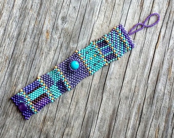 Turquoise Cabochon Hand Woven Tapestry Bracelet - Free Form Peyote Stitch Bead Weaving - BOHO