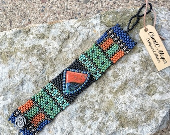 Senora Jasper Green Chrysocolla Tapestry Bracelet Cuff - Free Form Peyote Stitch Bead Weaving - BOHO