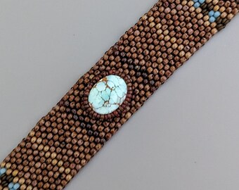 Sand Hill Turquoise Cabochon Bracelet - Free Form Peyote Stitch Bead Weaving - Tapestry - Hand Woven