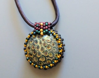 Bezel Handmade Glass cabochon with Beaded Bale Statement Necklace - Form Peyote Stitch Bead Weaving - Adjustable Silk Cord