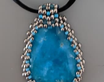 Hemimorphite Pendant with Beaded Bale Statement Necklace -  Bead Weaving - Adjustable Silk Cord