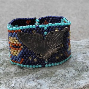 Butterfly Tapestry Bracelet Cuff Free Form Peyote Stitch Bead Weaving BOHO Hand Woven image 6