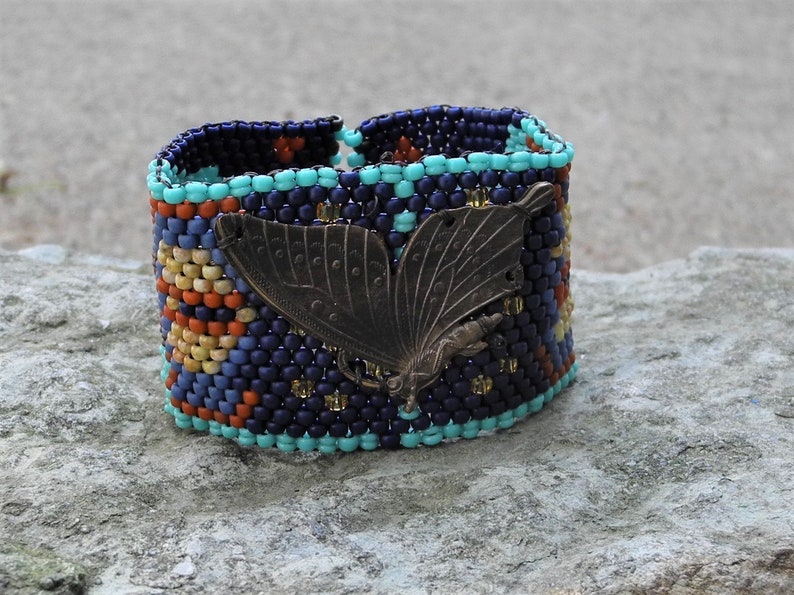 Butterfly Tapestry Bracelet Cuff Free Form Peyote Stitch Bead Weaving BOHO Hand Woven image 6