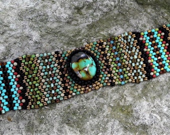 Turquoise Cabochon Tapestry Bracelet Cuff - Free Form Peyote Stitch Bead Weaving - BOHO