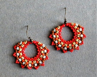 Beaded Statement Earrings - Bead Weaving Jewelry - Round Dangles - BOHO - Hand Woven