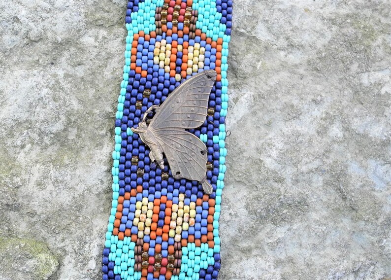 Butterfly Tapestry Bracelet Cuff Free Form Peyote Stitch Bead Weaving BOHO Hand Woven image 5