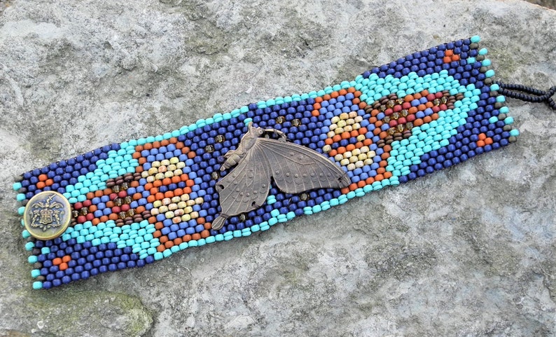 Butterfly Tapestry Bracelet Cuff Free Form Peyote Stitch Bead Weaving BOHO Hand Woven image 4