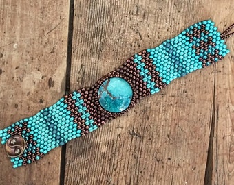 Magnesite Cabochon Tapestry Bracelet Cuff - Hand Woven - Southwest Colors - BOHO