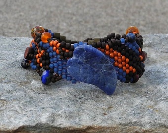 Sodalite Leaf Bracelet - Form Peyote Stitch Bead Weaving - BOHO