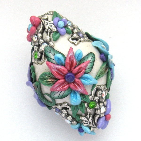 Flower Basket Bead Dark Pink Lavender Turquoise White Artisan Bead