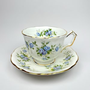 PRISTINE!! Vintage Aynsley Floral and Blue Rosebud Crocus Shape &quot;Marine Rose&quot; Tea cup and Saucer, Made in England, Gift for Her
